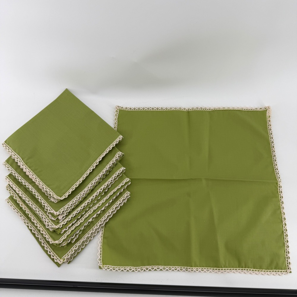 Vintage Olive Green Cloth Napkins Set of 6 Cream Crochet Lace Trim Square 12.5"